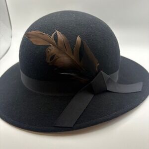 Vtg Lancaster Wool Felt Cloche Hat Black Feather Grosgrain Bow Detail USA Made